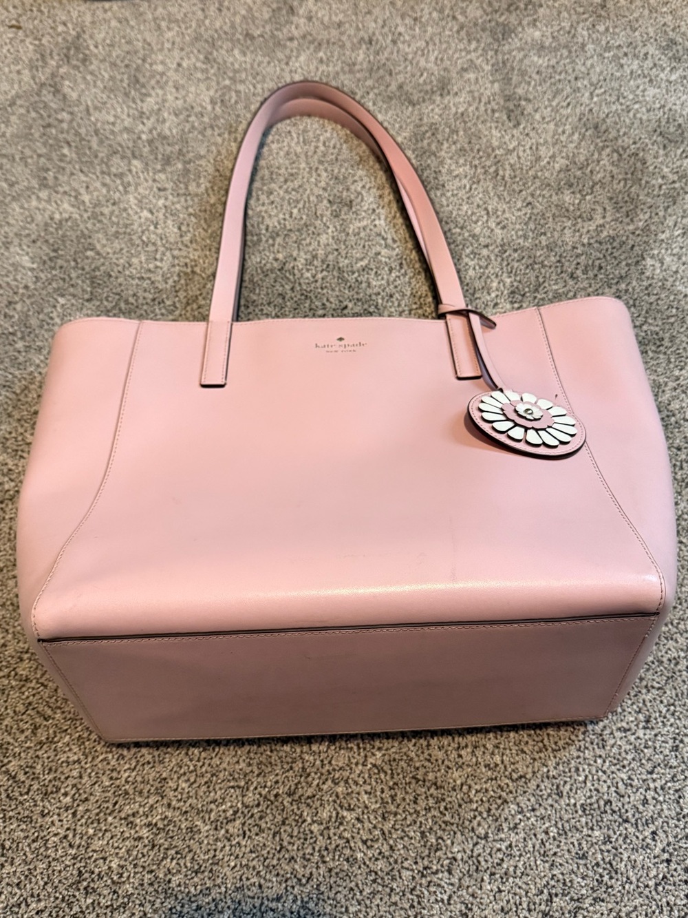 kate spade blush pink leather tote with floral charm
